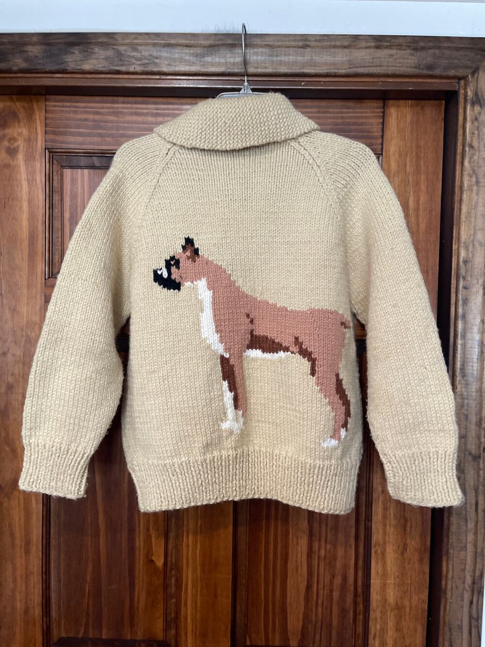 VTG Handmade Wool Cowichan Style Cardigan Sweater Dog Boxer
Intarsia Knit XS